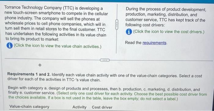 Torrance Technology Company (TTC) is developing a new touch-screen smartphone to compete in the cellular phone industry. The 