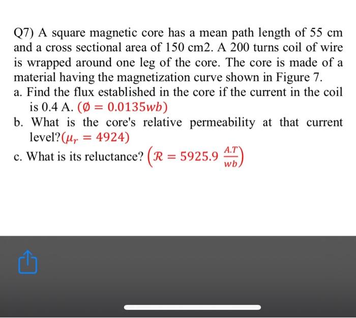 Solved Q7) A square magnetic core has a mean path length of | Chegg.com