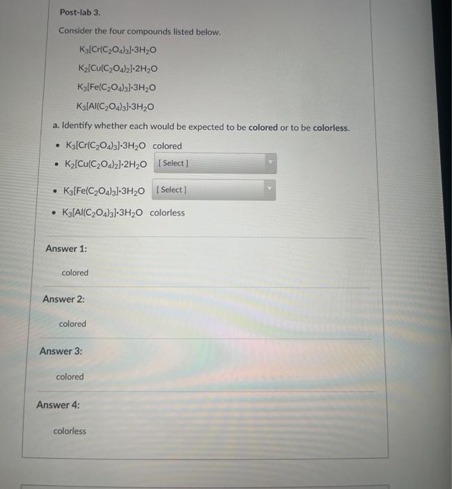 Solved Post-lab 3 Consider the four compounds listed below. | Chegg.com