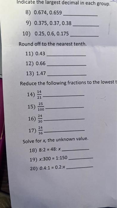 Solved Indicate The Largest Decimal In Each Group. 8) 