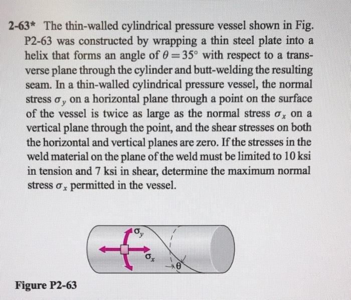Solved 2-63* The thin-walled cylindrical pressure vessel | Chegg.com
