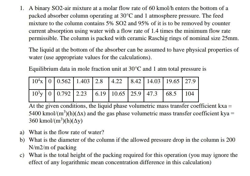 1. A binary SO2-air mixture at a molar flow rate of | Chegg.com