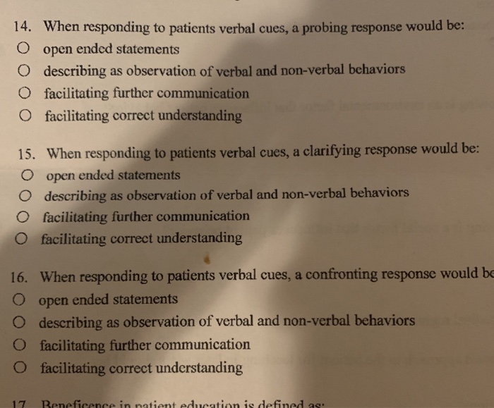 Solved 14. When responding to patients verbal cues, a