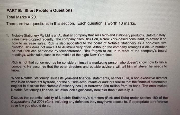 Solved PART B: Short Problem Questions Total Marks = 20. | Chegg.com