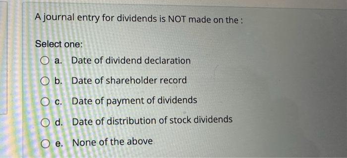 Solved A journal entry for dividends is NOT made on the : | Chegg.com