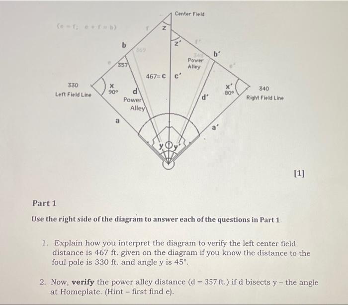Solved Center Field N N b IN 389 b' 357 Power Alley 467=C c' | Chegg.com