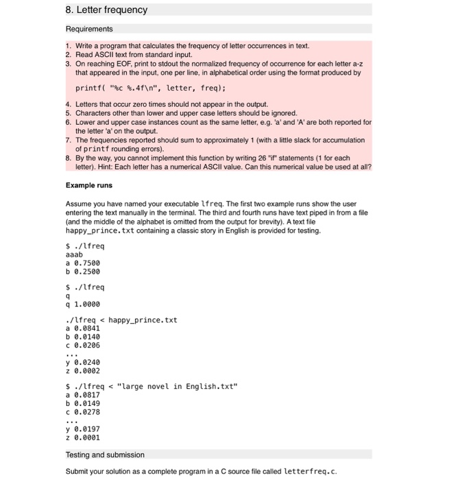 Solved 8. Letter frequency Requirements 1. Write a program