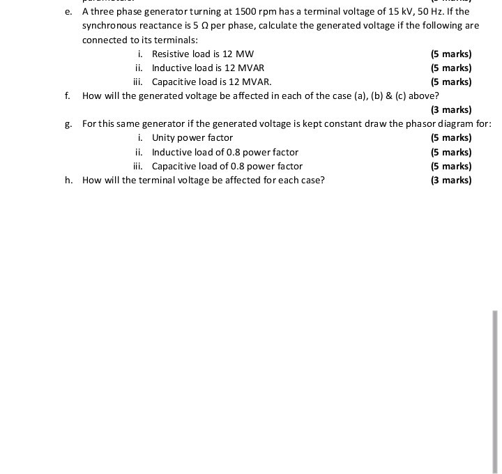 Solved e. A three phase generator turning at 1500 rpm has a | Chegg.com