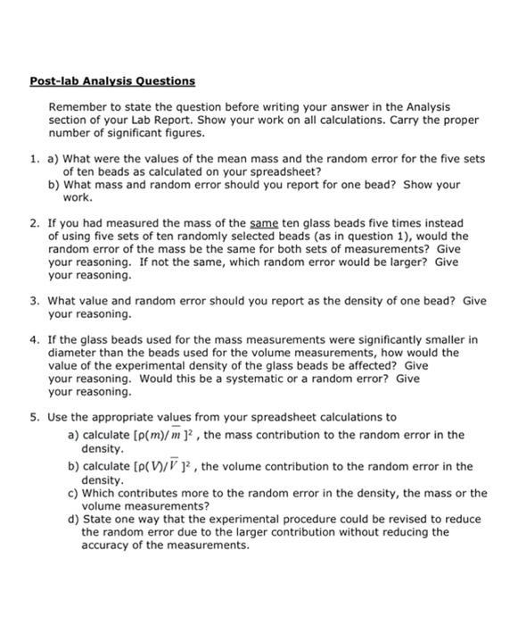 Solved Postlab Analysis Questions Remember to state the