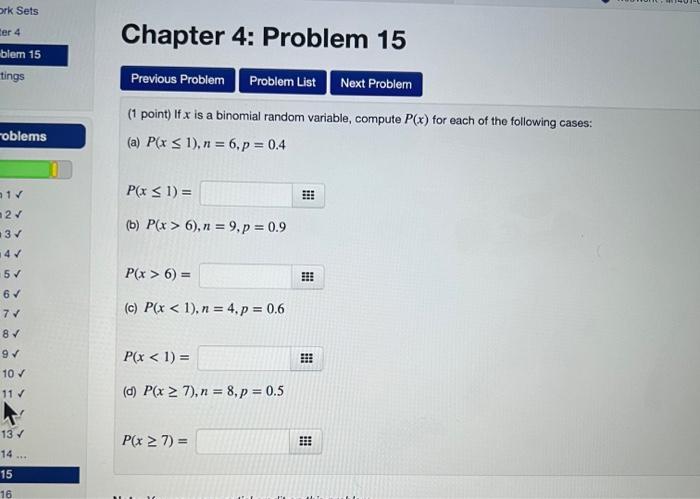 Solved (1 point) If x is a binomial random variable, compute | Chegg.com