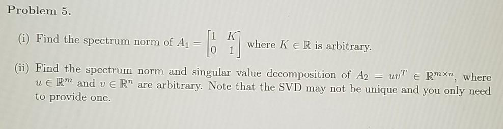 Problem 5. (i) Find the spectrum norm of A1 = [ 11 | Chegg.com