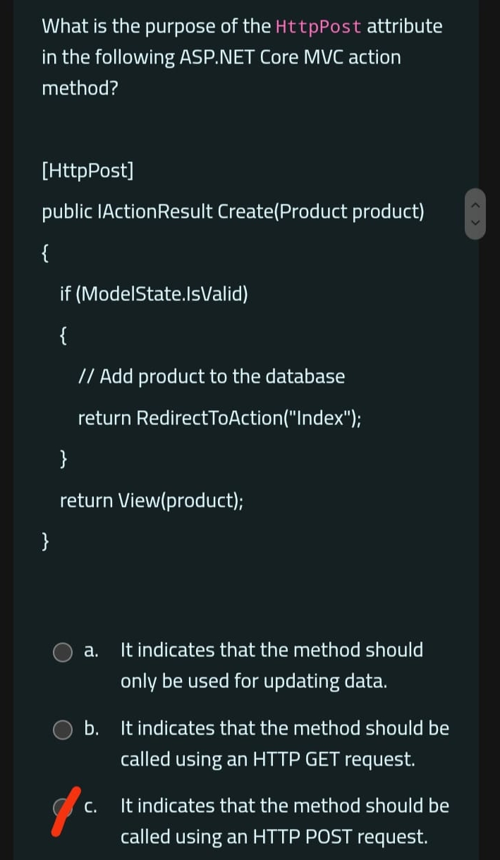 Solved What is the purpose of the HttpPost attribute in the | Chegg.com