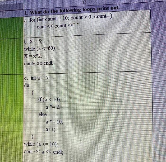 Solved D 1. What do the following loops print out: a. for | Chegg.com