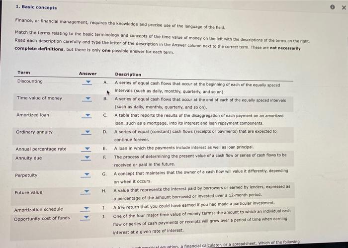 Solved 1. Basic concepts Finance, or financial management, | Chegg.com