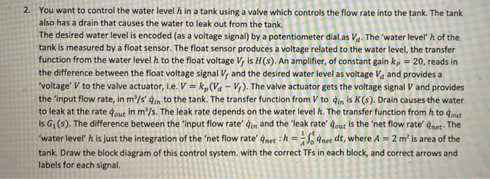 Solved 2. You want to control the water level h in a tank | Chegg.com