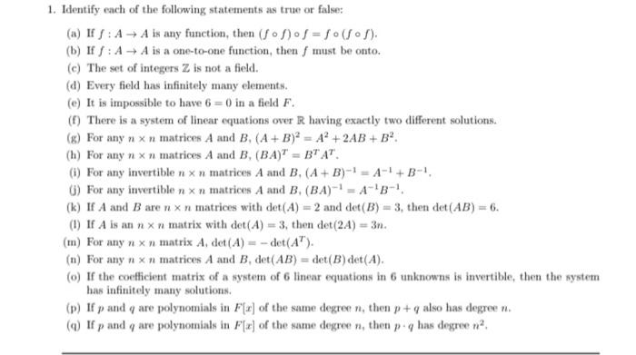Solved 1. Identify each of the following statements as true | Chegg.com
