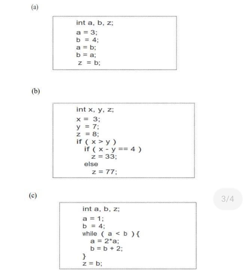 Solved Int A, B, Z; A = 3; B = 4; A = B; B = A; Z = B; (b) | Chegg.com