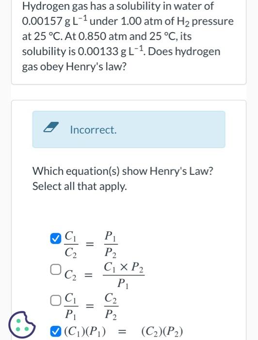 Solved Hydrogen gas has a solubility in water of 0.00157 g | Chegg.com