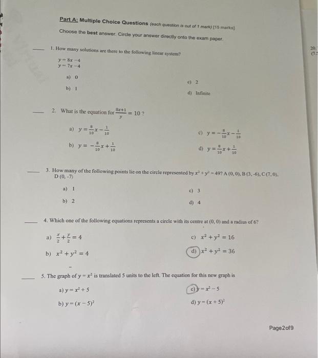 Solved Part A: Multiple Choice Questions (esch question it | Chegg.com