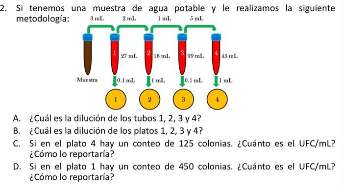 Si tenemos una muestra de agua potable y le realizamos la siguiente metodología: A. ¿Cuál es la dilución de los tubos 1, 2, 3