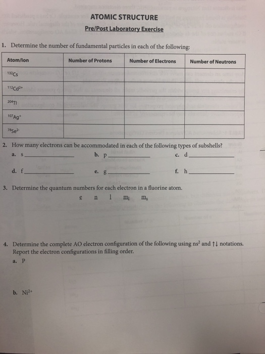 Solved ATOMIC STRUCTURE Pre/Post Laboratory Exercise 1. | Chegg.com