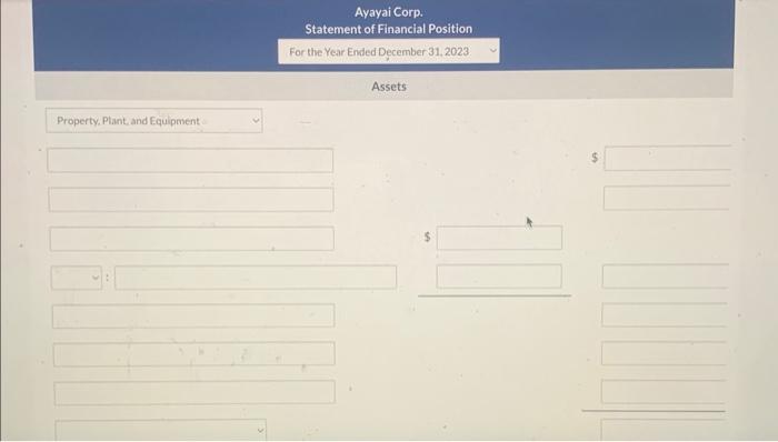 Ayayai Corp.
Statement of Financial Position
For the Year Ended December 31, 2023
Assets
Property. Plant, and Equipment
\( \$