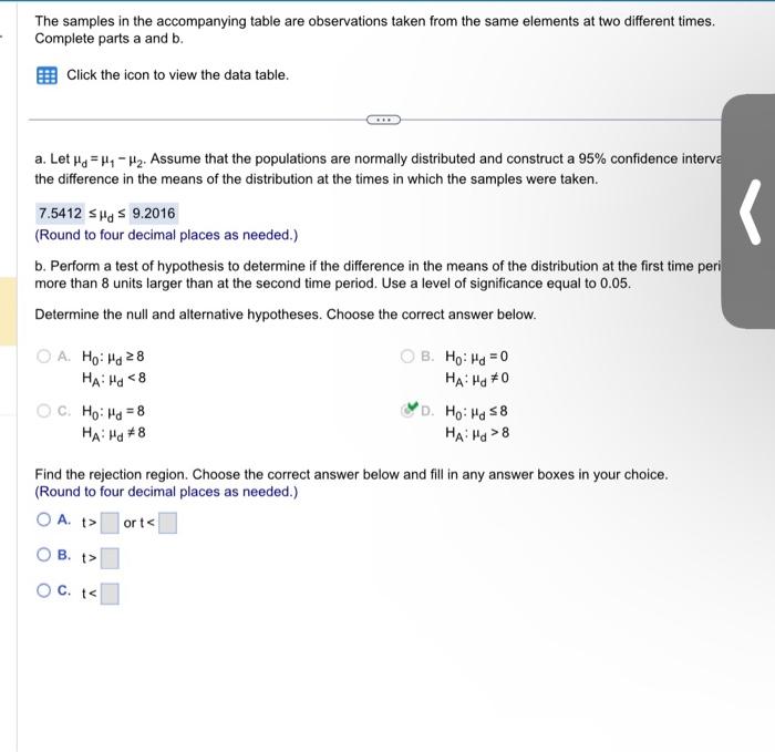 Solved The samples in the accompanying table are Chegg