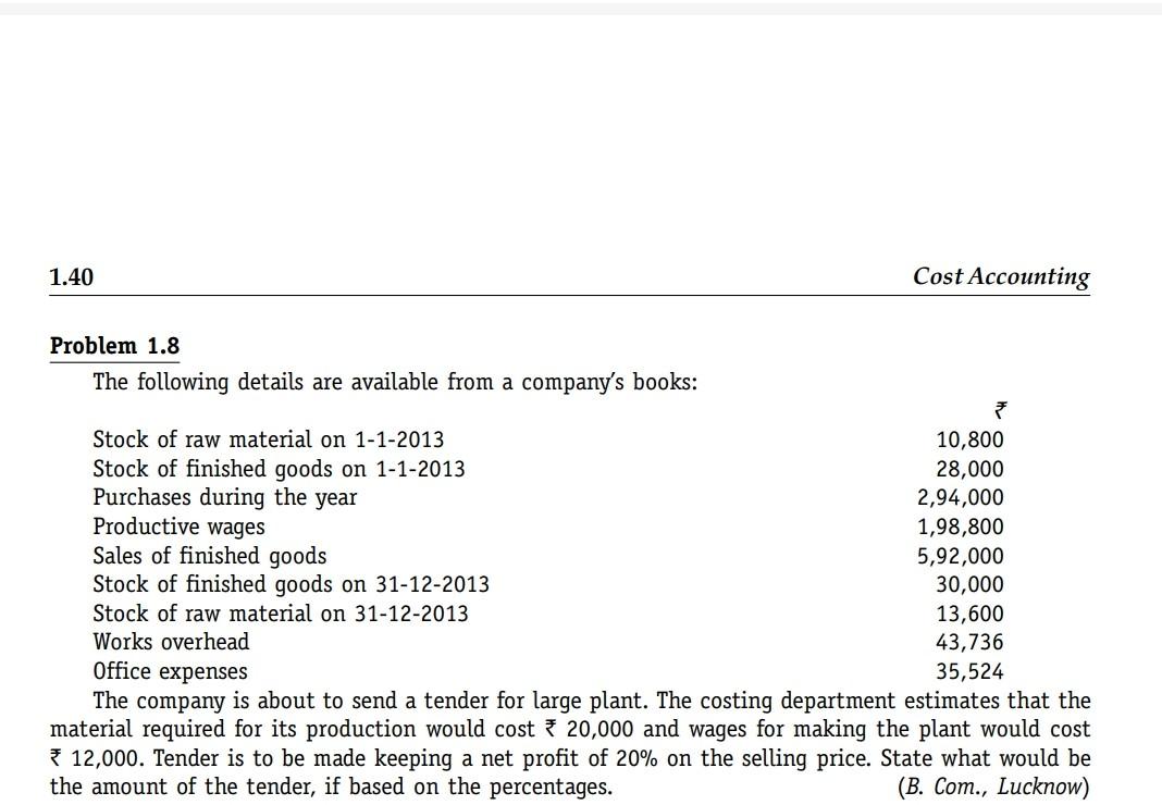 Solved 1.40 Cost Accounting Problem 1.8 The following | Chegg.com