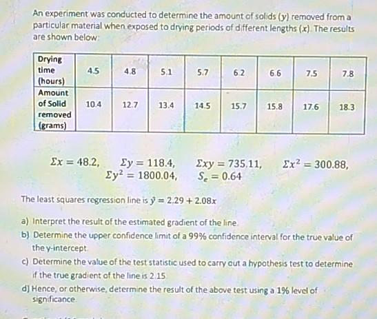 Solved An experiment was conducted to determine the amount | Chegg.com
