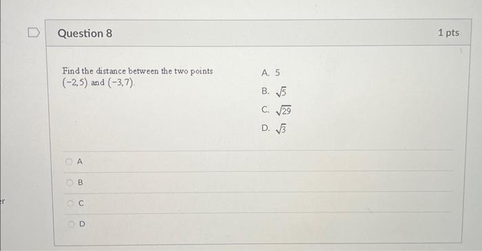 Solved Question 8 1 pts Find the distance between the two | Chegg.com