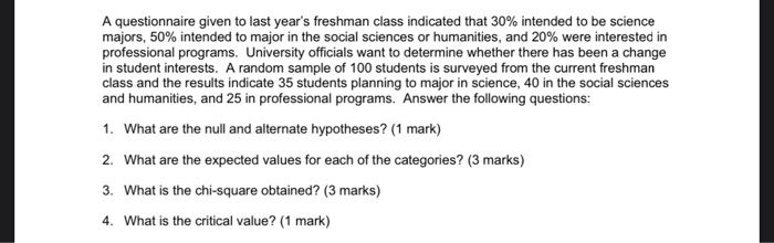 Solved A questionnaire given to last year's freshman class | Chegg.com