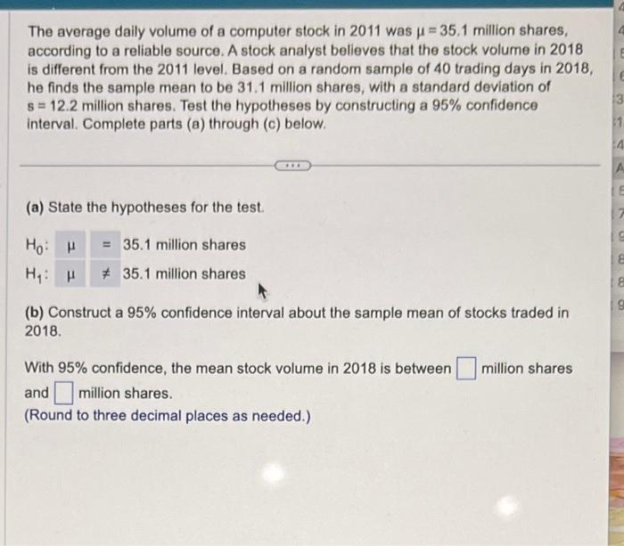 Solved The average daily volume of a computer stock in 2011 | Chegg.com
