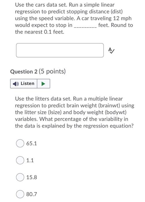 Solved Use the cars data set. Run a simple linear regression | Chegg.com