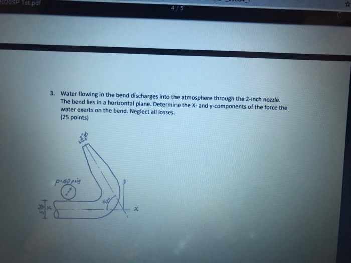 Solved 020SP 1st.pdf 3. Water flowing in the bend discharges | Chegg.com