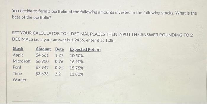 Solved You decide to form a portfolio of the following | Chegg.com