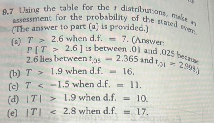 Solved 9.7 Using the table for the t distributions, make an | Chegg.com