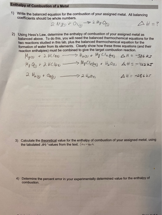 Solved Enthalpy of Combustion of a Metal 1) Write the | Chegg.com