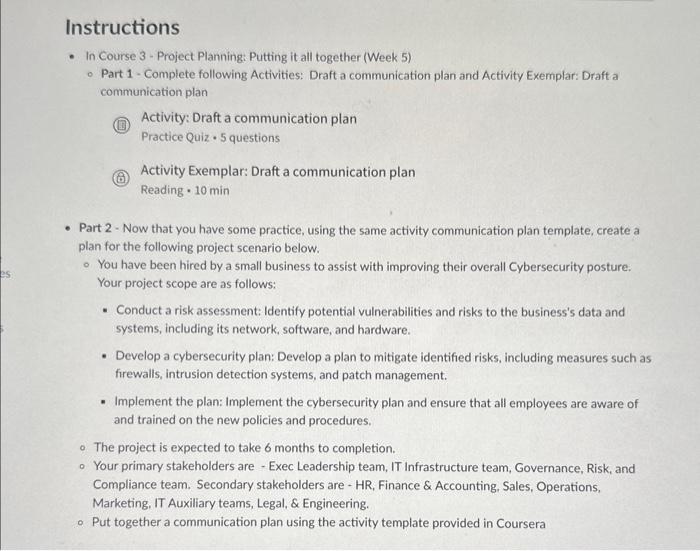 Solved Instructions - In Course 3 - Project Planning: | Chegg.com