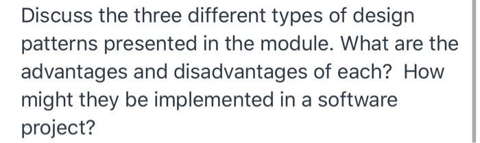 Solved The Three Design Patterns Discussed Were Creational, | Chegg.com