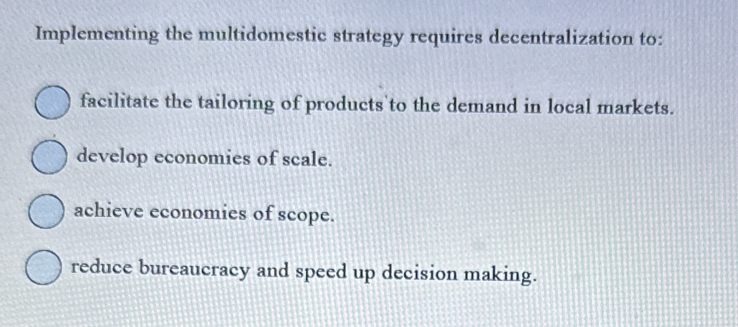 Solved Implementing the multidomestic strategy requires | Chegg.com