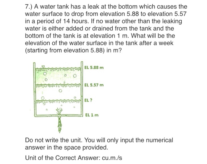 Solved 7 A Water Tank Has A Leak At The Bottom Which Chegg Com