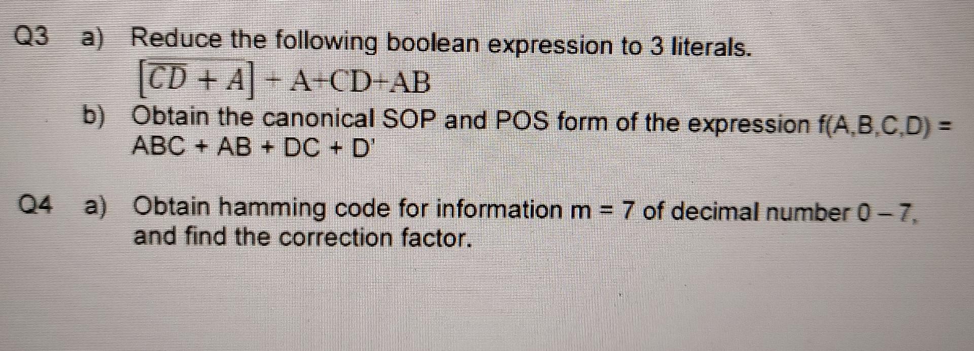 Solved Q3 a) Reduce the following boolean expression to 3 | Chegg.com
