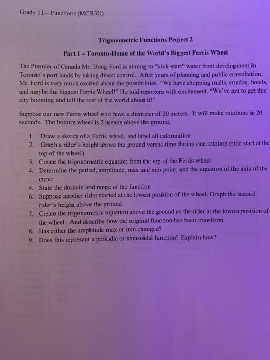Solved Grade 11 - Functions (MCR3U) Trigonometric Functions | Chegg.com