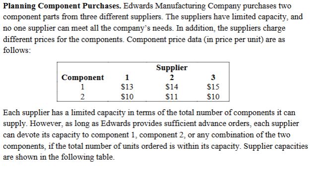 Planning Component Purchases. Edwards Manufacturing | Chegg.com