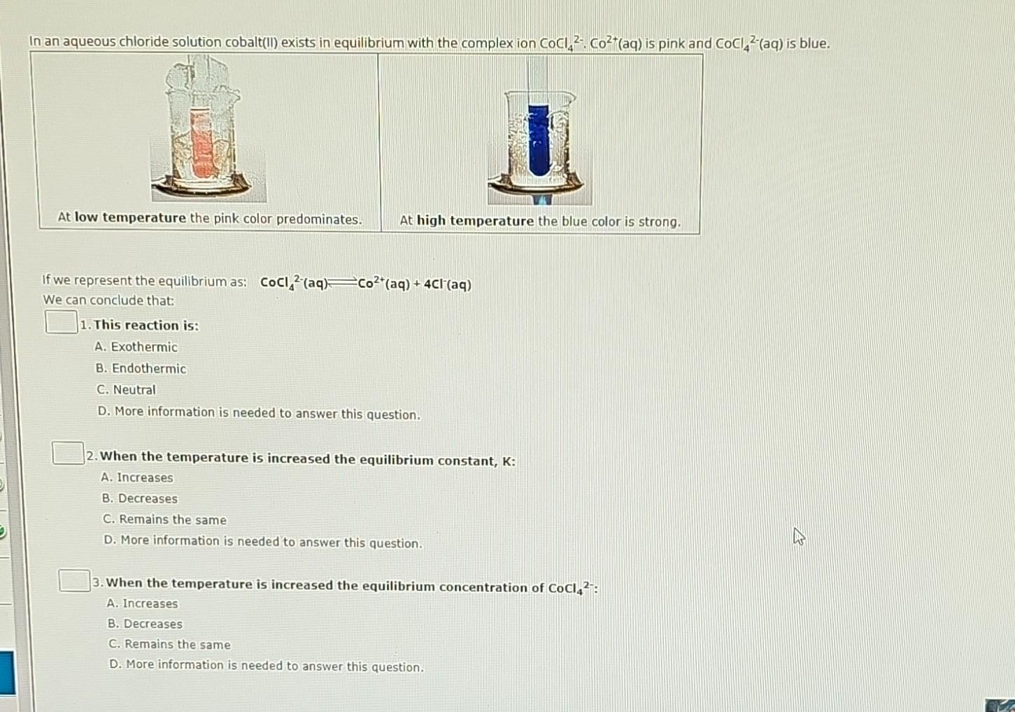 Solved At low temperature the pink color predominates. At | Chegg.com