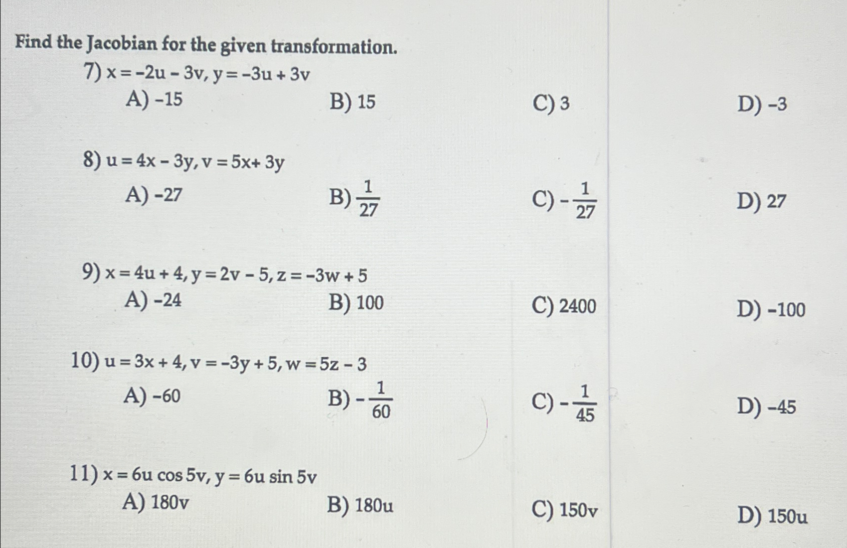 Solved Please solve all 7-11 ﻿questions.Find the Jacobian | Chegg.com