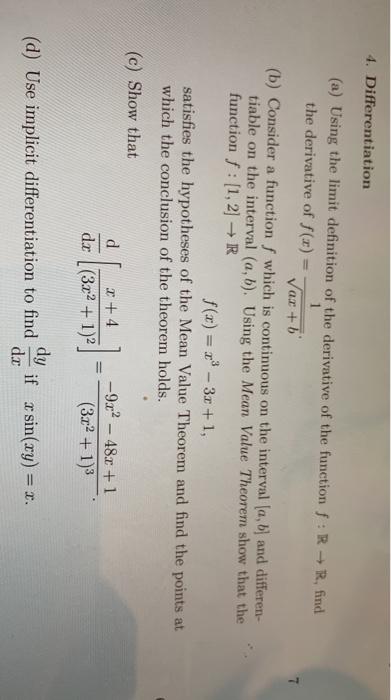 Solved 4. Differentiation (a) Using the limit definition of | Chegg.com