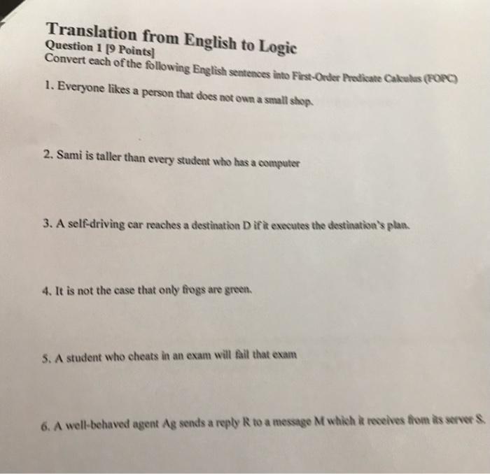 Solved Translation from English to Logic Question 1 [9 | Chegg.com