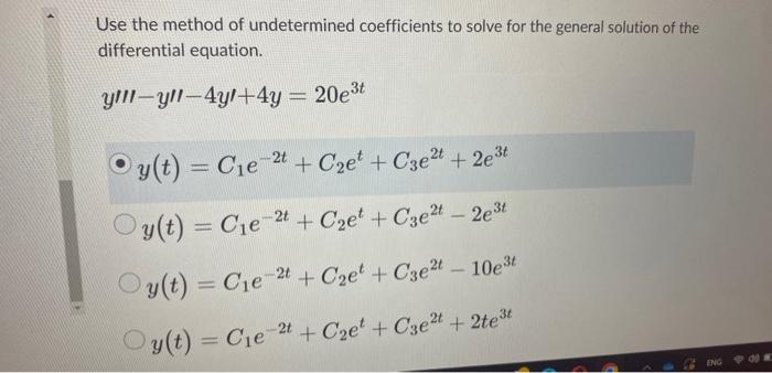 Solved Use the method of undetermined coefficients to solve | Chegg.com