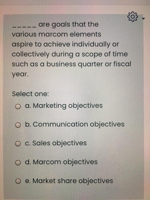 Solved are goals that the various marcom elements aspire to | Chegg.com